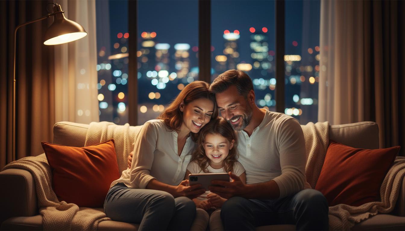 Familia en el sofá organizando su día