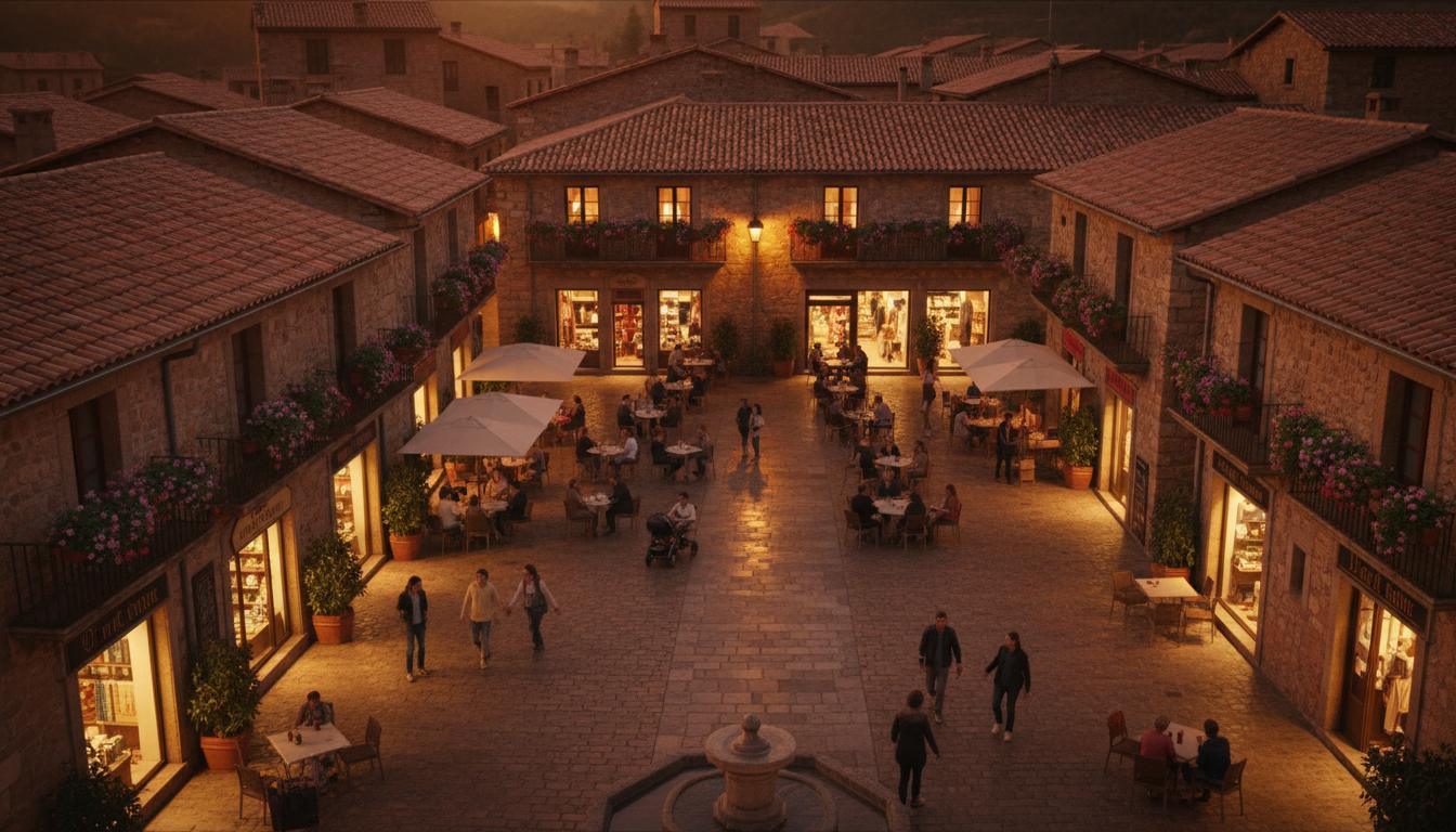 Plaza de pueblo con comercio local vibrante