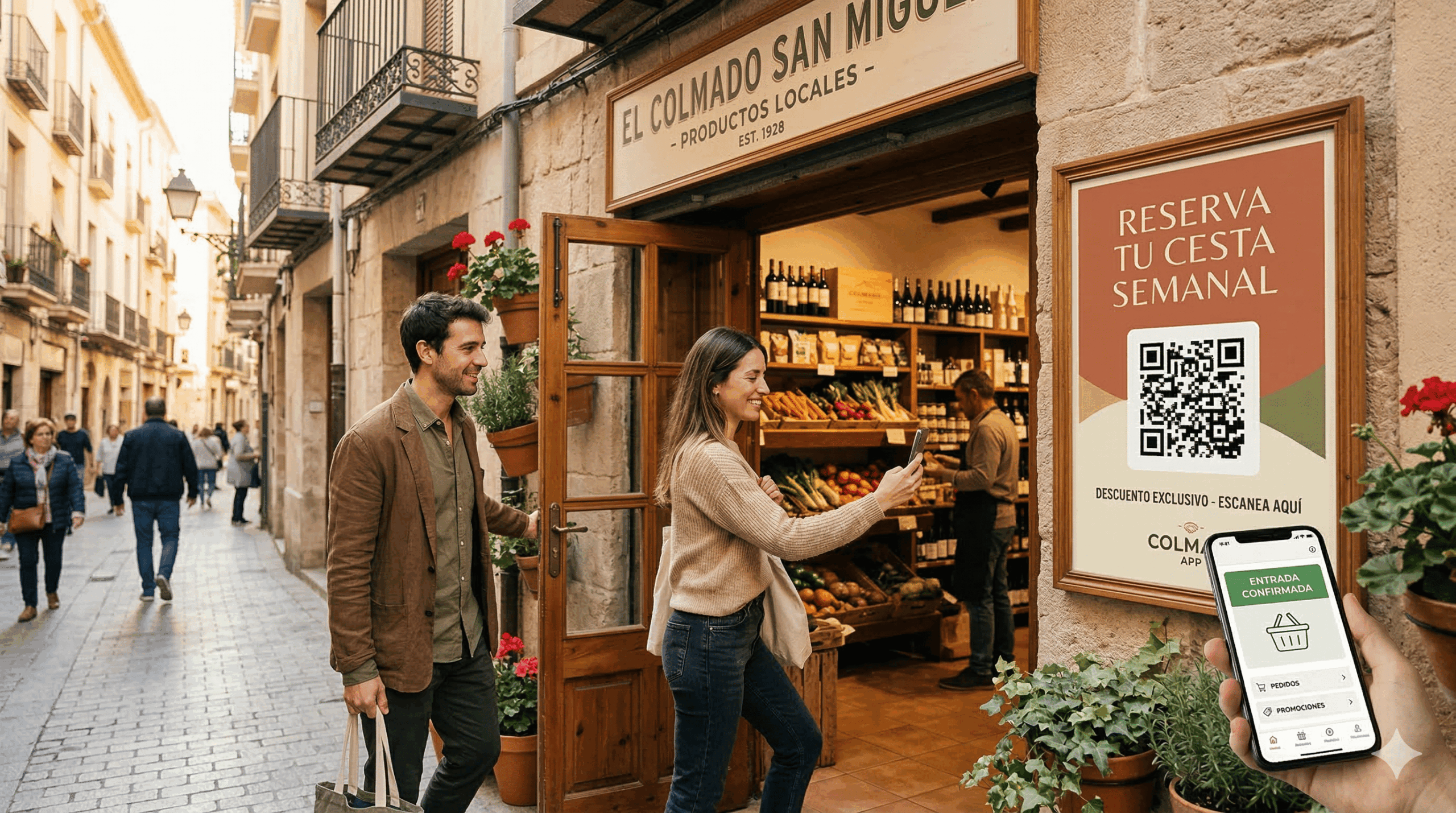 Cliente escaneando un código QR en el escaparate de un negocio local para acceder a su herramienta digital