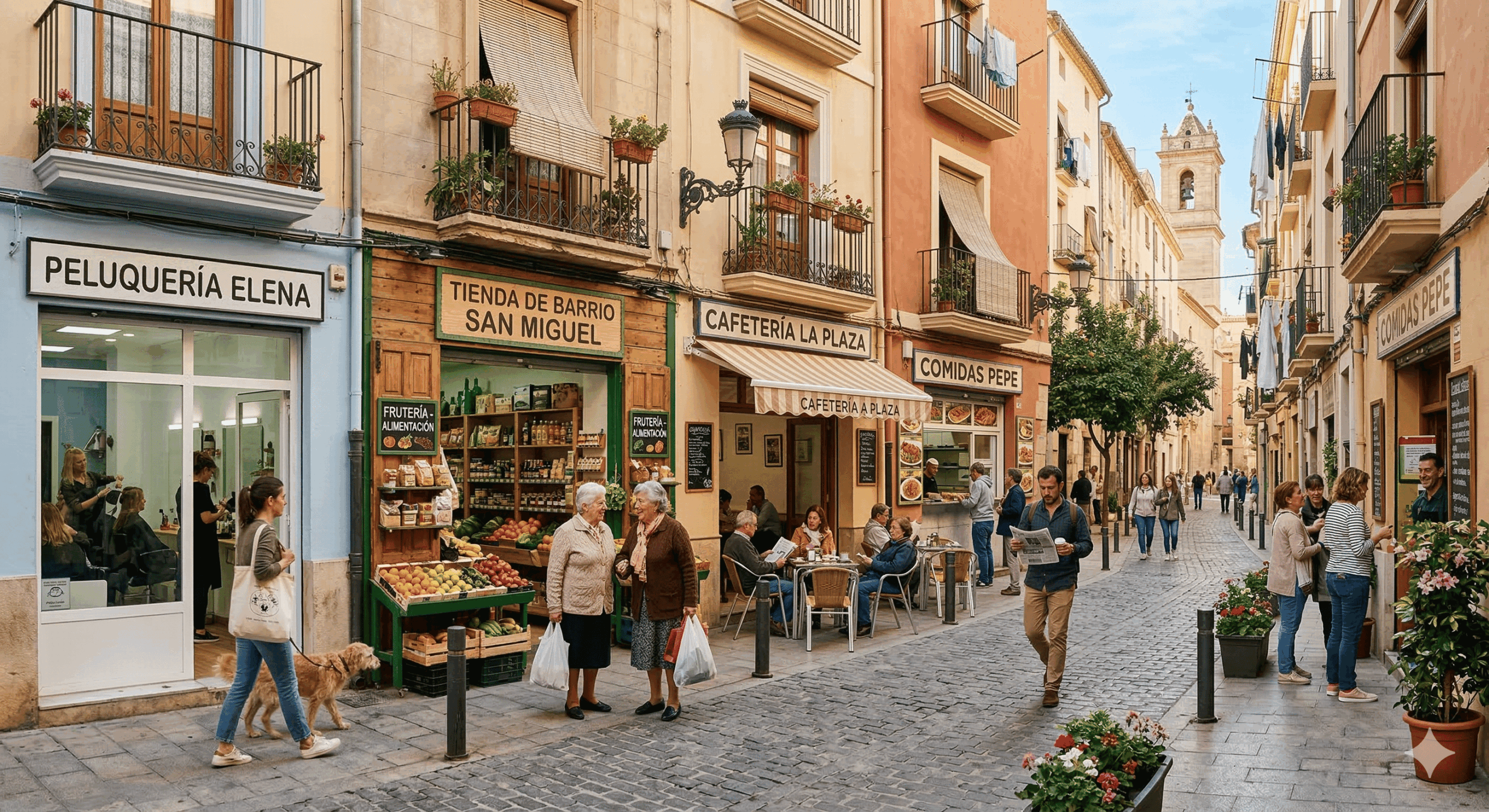 Barrio con pequeños negocios locales visibles y conectados