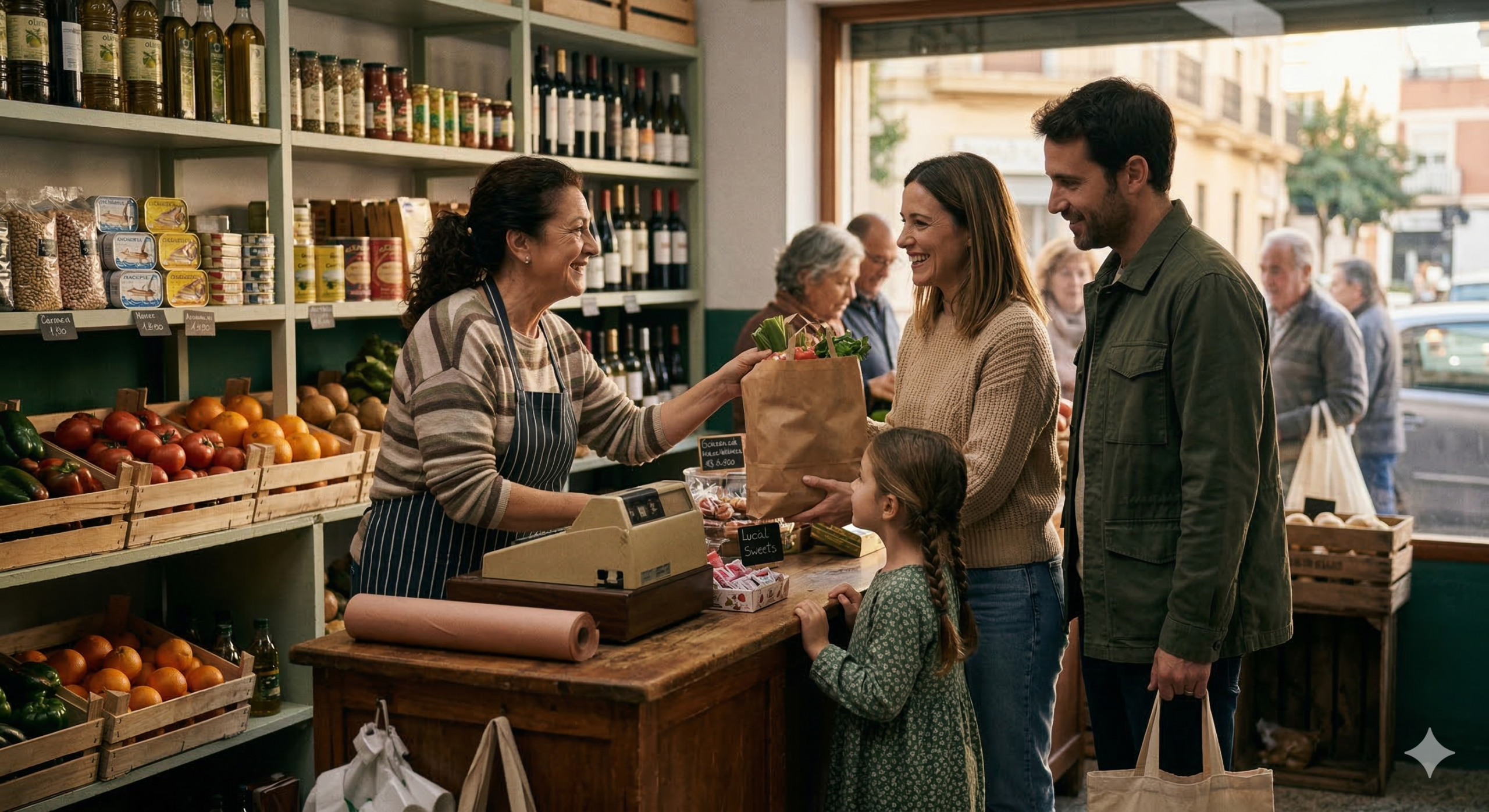 Personas apoyando el comercio local en una escena cercana y humana