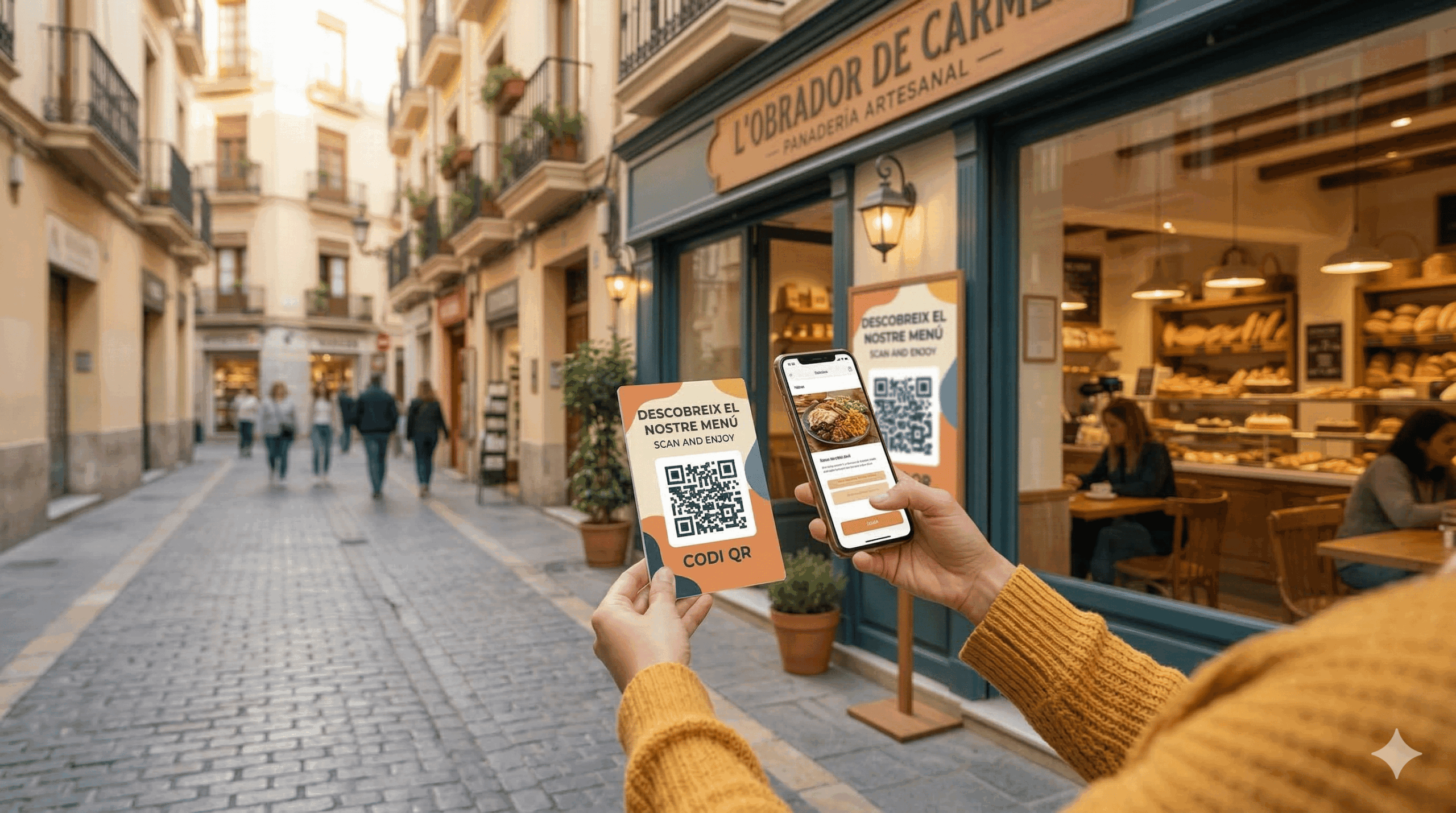 Personas entrando en un negocio local y descubriendo su herramienta digital mediante un código QR